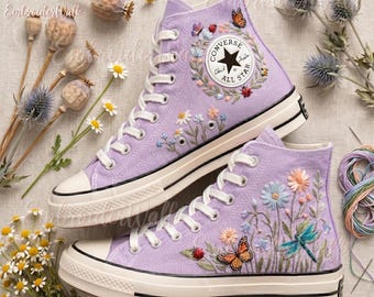 Purple Embroidered Sneakers, Floral High Top Canvas Shoes, Custom Butterfly & Dragonfly Shoes, Cottagecore Aesthetic Gift, Boho Floral Boots