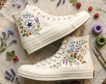 Zapatillas con bordado floral, zapatos de lona de estilo vintage, zapatillas altas estilo cottagecore, regalo artesanal para ella.