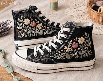 Floral Embroidered Sneakers, Handmade Canvas High Top Shoes, Custom Boho Floral Shoes, Aesthetic Footwear Gift for Women