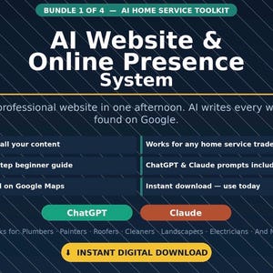 Peut inclure: Visuel numérique pour un système de présence en ligne et de site web par IA. Il met en avant la création de sites web professionnels, l'écriture de contenu par IA, des guides et l'intégration de Google Maps. Inclut des invites ChatGPT et Claude.