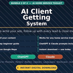 May include: A digital product advertisement for an AI Client Getting System. The image features the text "AI Client Getting System" and highlights features like AI content writing, beginner guides, and Google Maps optimization. Includes ChatGPT and Claude prompts.