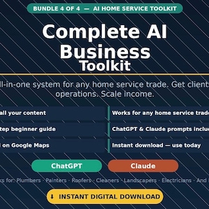 May include: A dark blue graphic with the text "Complete AI Business Toolkit." The toolkit promises to help home service businesses get clients, run operations, and scale income. Features include AI content writing, a beginner's guide, and Google Maps optimization.