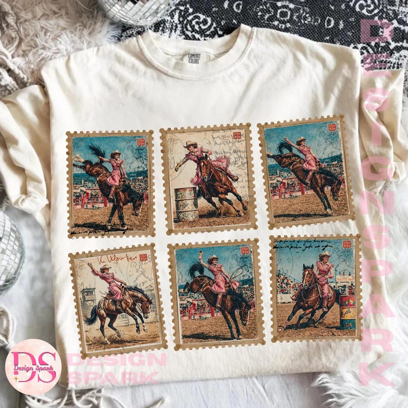 Stamp Rodeo Vintage Rodeo Cowgirl Stamp PNG, Western Bronco Rider Clipart (digital ...