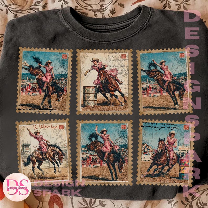 Stamp Rodeo Vintage Rodeo Cowgirl Stamp PNG, Western Bronco Rider Clipart (digital ...