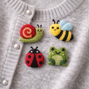 Op de afbeelding: Een grijze cardigan met vier gehaakte dierenmotieven: een slak, een bij, een lieveheersbeestje en een kikker. De slak heeft een rood en oranje huisje, de bij heeft zwarte strepen, het lieveheersbeestje is rood met zwarte stippen. De cardigan heeft parelmoer knopen.