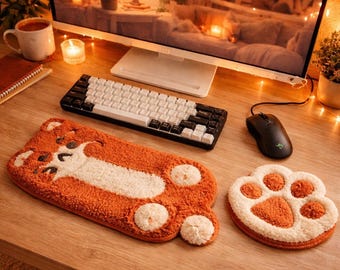 Juego de escritorio Burnt Sienna Punch Needle, reposamuñecas para teclado y ratón hechos a mano.