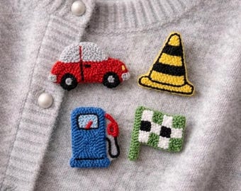 Conjunto de broches de aguja perforadora, mini broches para amantes de los coches, conjunto de 4 accesorios de arte textil hechos a mano.