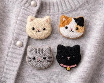 Juego de 4 broches de gato hechos con aguja perforadora y alfileres de hilo estilo Kawaii.
