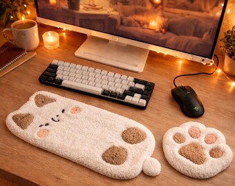 Reposamuñecas doble con textura de lluvia sobre cristal, juego de alfombrillas para teclado y ratón azul degradado hechas a mano para escritorios acogedores.