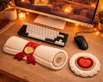 Set di poggiapolsi con ago per perforazione di diplomi fatti a mano, set di tappetini per tastiera e mouse accademici.