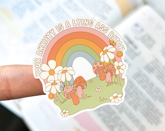 Regenbogen Angst Zitat Blumen Pilz wasserfester Laptop Aufkleber - 3-Zoll iPad / Kindle Aufkleber - Happy Face Decor - Pastell Bunt
