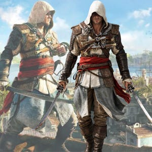 May include: A character in a pirate costume, featuring a brown leather vest, white shirt, and red sash. The character is holding two swords. The outfit includes a hood and leather boots. The background shows a coastal town.