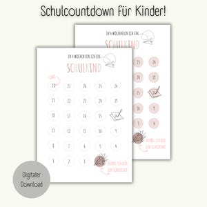 Op de afbeelding: Een schoolaftelkalender voor kinderen met de tekst Schulcountdown für Kinder, In 4 Wochen bin ich ein Schulkind, Start en Hurra, ich bin ein Schulkind. Het witte papier bevat genummerde cirkels van 1 tot 28, een papieren vliegtuigje en een potloodicoon.