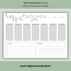 Könnte beinhalten: Ein Wochenplaner im A4-Format mit minimalistischem Design. Er enthält Abschnitte für jeden Wochentag, eine To-Do-Liste und Platz für Notizen. Der Text "Wochenplan" ist in einer Schriftart geschrieben, und der Planer hat ein hellgrünes und graues Farbschema.