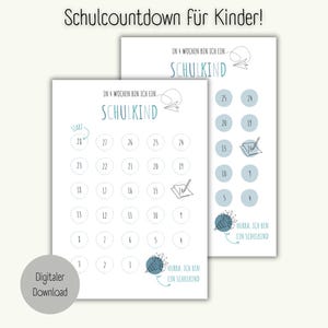 Op de afbeelding: Twee witte aftelkaarten voor kinderen met de tekst Schulcountdown für Kinder, In 4 Wochen bin ich ein Schulkind en Hurra, ich bin ein Schulkind. De kaarten bevatten genummerde cirkels van 1 tot 28, een papieren vliegtuigje en een potlood.
