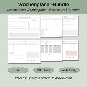 Könnte beinhalten: Ein Bundle ausdruckbarer Planerseiten mit verschiedenen Designs. Die Seiten umfassen Wochenplaner, Essenspläne und Putzpläne. Das Design ist minimalistisch mit sanften Farben und dem Text "Wochenplaner-Bundle" oben.