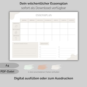 Könnte beinhalten: Ein digitaler Wochenessensplan im A4 PDF-Format. Der Planer enthält Abschnitte für Frühstück, Mittagessen und Abendessen, mit Platz für jeden Wochentag. Enthält eine Einkaufsliste und ist in drei Farben erhältlich. Text: "Dein wöchentlicher Essensplan".
