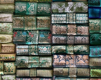 10 Yards Green, Teal Sari Borders, Vintage Fabrics, M11