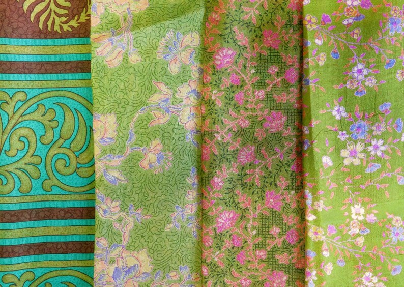Green Fat quarters Recycled Silk Fabric Silk Squares F165