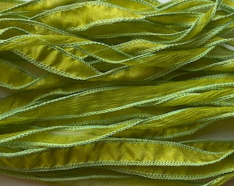 5 Hand dyed Silk Ribbons, Lime Green Ribbon, Jewelry Ribbons, Beading supplies, Silk Sari Ribbons, W85