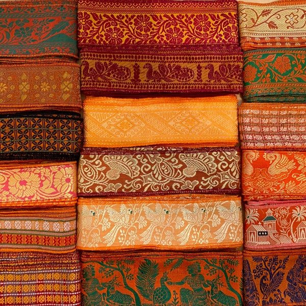 10 Yards Orange Silk Border mix, Silk Ribbon, Vintage Fabrics. M2