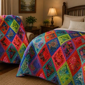 May include: A quilt featuring a vibrant diamond-patterned design with a kaleidoscope of colors including bright red, lime green, deep blue, and purple. The fabric displays intricate floral and abstract motifs within each individual diamond shape.