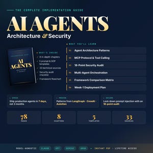 May include: A dark blue graphic promoting "AI AGENTS Architecture & Security". The image features a book cover, content summaries, and key details such as "78 pages" and "8 chapters".