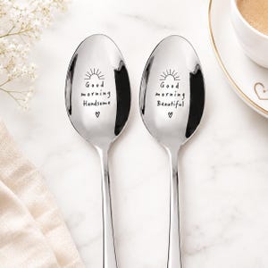 Good Morning Spoon Set Couples Coffee Gift Engraved Stainless Steel Tea Pair Gift for LDR Husband Wife Boyfriend Girlfriend Anniversary Xmas