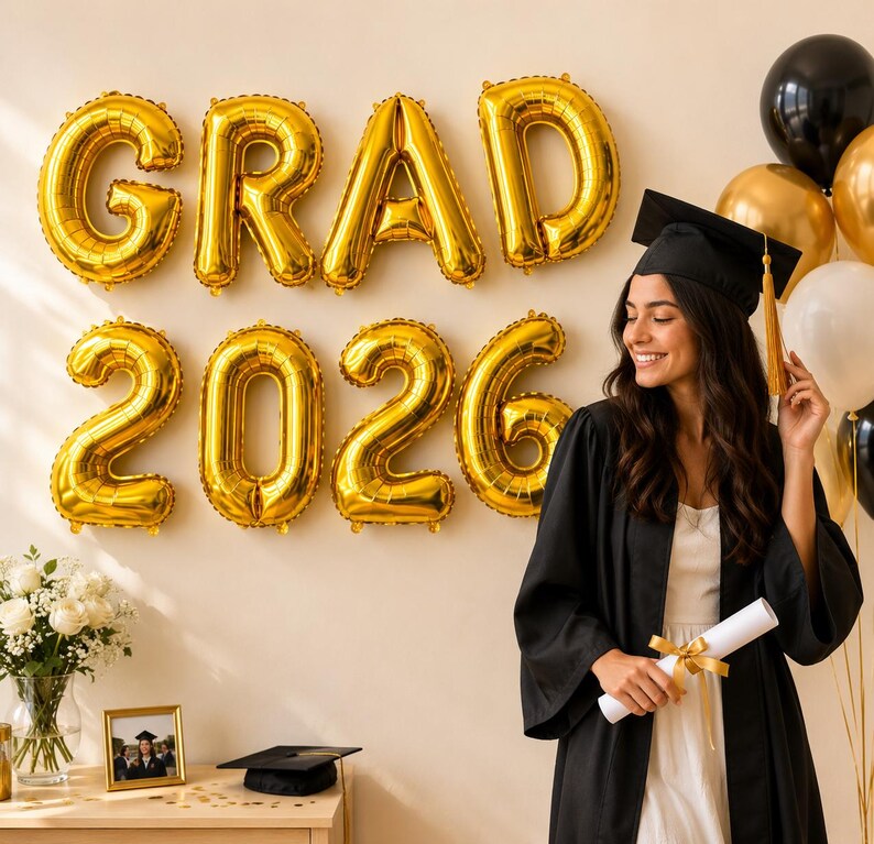 Spell Graduation GRAD 2026 Balloon Banner | Graduation Party Decorations | Gold Foil ...