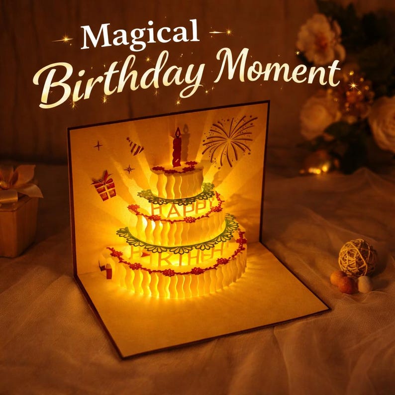 LED Pop up 3D Birthday Card, Light up Music Cake Greeting Card ...
