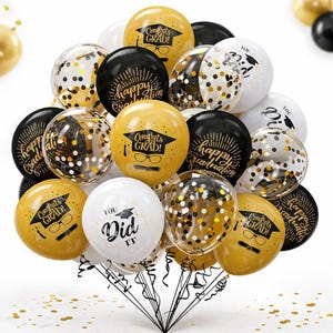 May include: A cluster of graduation balloons in gold, black, white, and clear. Some balloons have gold confetti inside. The balloons are printed with phrases like "Congrats Grad!" and "You Did It," along with graduation cap and glasses graphics.