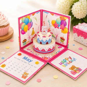 Gepersonaliseerde verjaardag exploderende verrassingskaart pop-up, feestkaart aangepaste aandenken verrassing, roze kinderfeest geheugendoos cadeau
