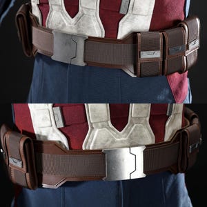 May include: A detailed view of a brown utility belt with a silver buckle and pouches. The belt is worn over a blue and red costume. The belt has a textured appearance and a modern design, suitable for cosplay.