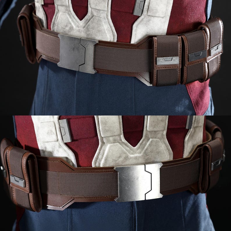 May include: A detailed view of a brown utility belt with a silver buckle and pouches. The belt is worn over a blue and red costume. The belt has a textured appearance and a modern design, suitable for cosplay.