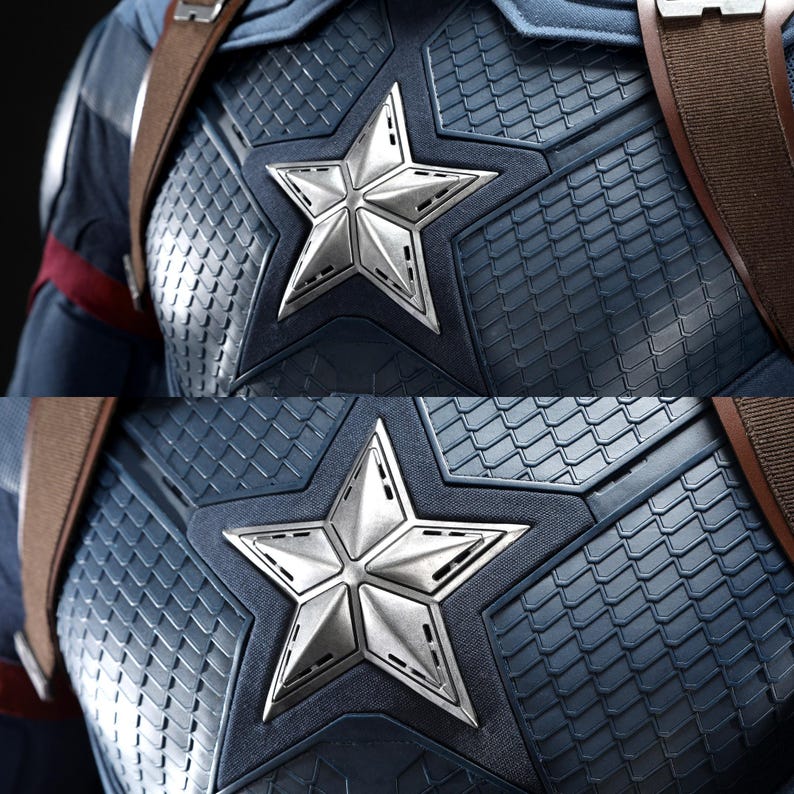 May include: Close-up of a Captain America costume chest piece. The blue and silver design features a large, five-pointed star emblem on the chest. The costume has a textured, scale-like pattern and brown straps.