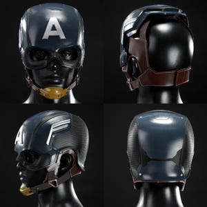 May include: A navy blue Captain America helmet with a white "A" on the front. The helmet features a black face shield, brown leather ear and neck protection, and a yellow chin strap. The image shows the helmet from multiple angles.