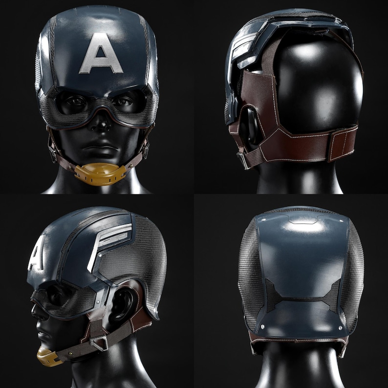 May include: A navy blue Captain America helmet with a white "A" on the front. The helmet features a black face shield, brown leather ear and neck protection, and a yellow chin strap. The image shows the helmet from multiple angles.