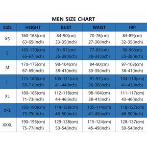 May include: A men's size chart displaying measurements in centimetres and inches. Sizes range from XS to XXXL, with height, bust, waist, and hip measurements provided. The title "MEN SIZE CHART" is at the top of the chart.