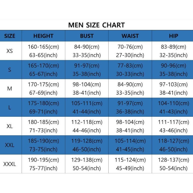 May include: A men's size chart displaying measurements in centimetres and inches. Sizes range from XS to XXXL, with height, bust, waist, and hip measurements provided. The title "MEN SIZE CHART" is at the top of the chart.