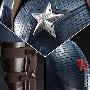 May include: Close-up of a Captain America costume. The blue and silver suit features a large silver star on the chest, brown leather straps, and the Avengers logo. The costume has a textured, scale-like pattern.