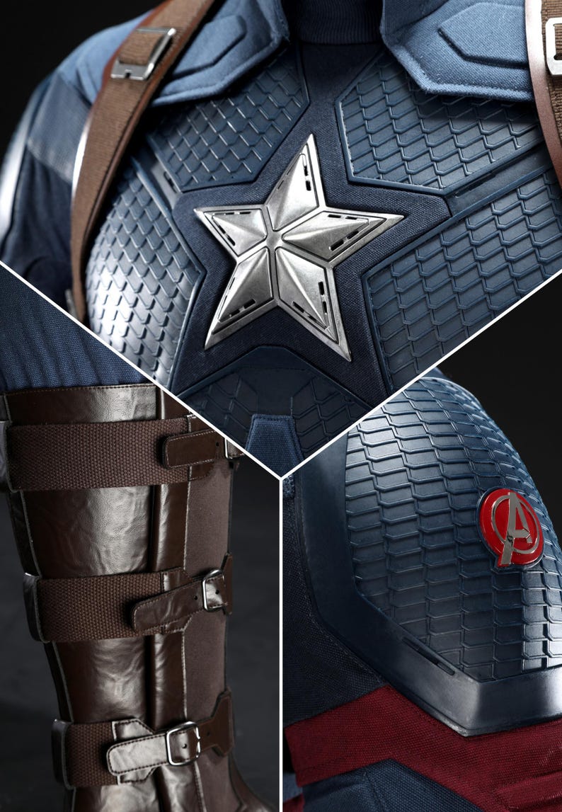 May include: Close-up of a Captain America costume. The blue and silver suit features a large silver star on the chest, brown leather straps, and the Avengers logo. The costume has a textured, scale-like pattern.