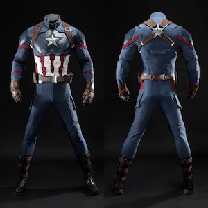 May include: A Captain America costume, shown from the front and back. The blue suit has a white star on the chest, red and white stripes, and brown leather details. Includes gloves and boots. The costume is designed to resemble the character's iconic look.