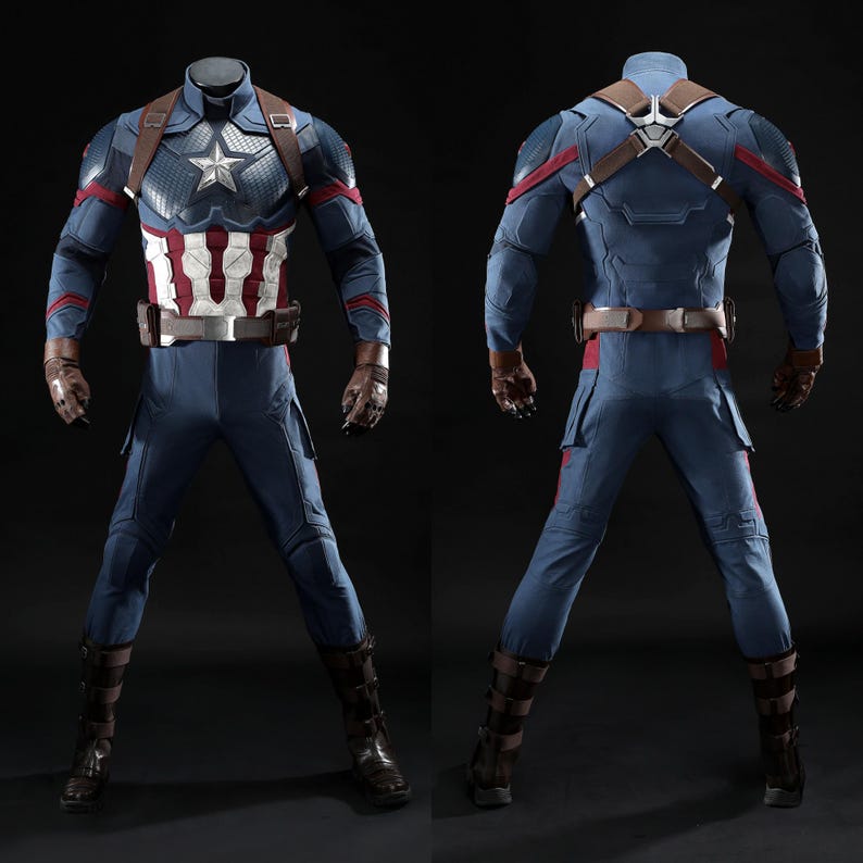 May include: A Captain America costume, shown from the front and back. The blue suit has a white star on the chest, red and white stripes, and brown leather details. Includes gloves and boots. The costume is designed to resemble the character's iconic look.
