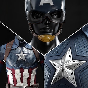 May include: A Captain America costume, featuring a navy blue helmet with a white "A", goggles, and a brown chin strap. The costume includes a blue and white star-spangled chest piece, a silver star, and a brown belt.