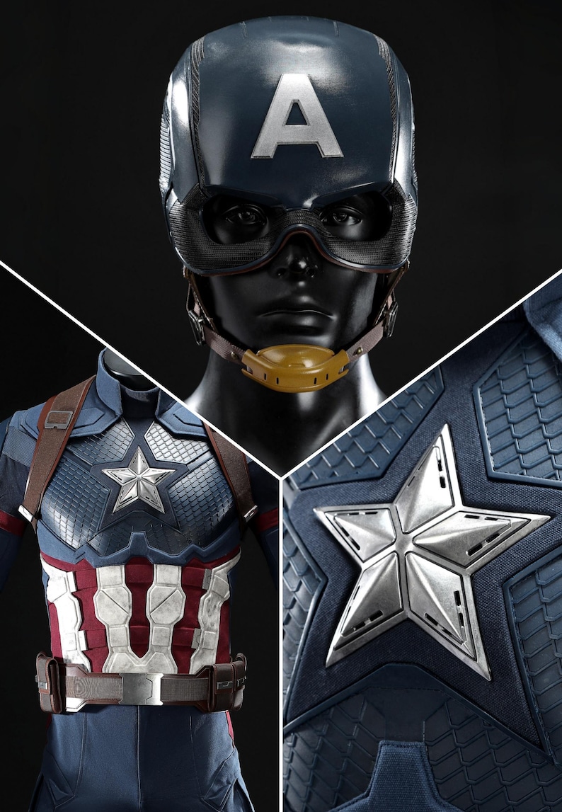 May include: A Captain America costume, featuring a navy blue helmet with a white "A", goggles, and a brown chin strap. The costume includes a blue and white star-spangled chest piece, a silver star, and a brown belt.
