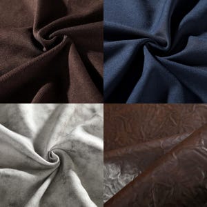 May include: A collection of four fabric samples. The top left is a dark brown corduroy. The top right is a navy blue fabric. The bottom left is a grey, tie-dye-style fabric. The bottom right is a textured, brown leather.