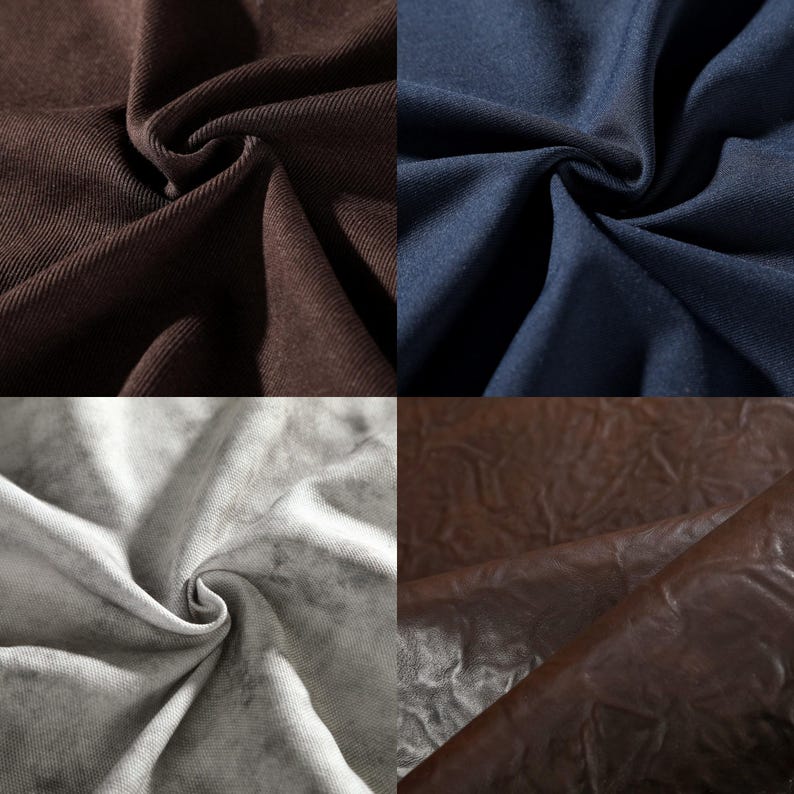 May include: A collection of four fabric samples. The top left is a dark brown corduroy. The top right is a navy blue fabric. The bottom left is a grey, tie-dye-style fabric. The bottom right is a textured, brown leather.