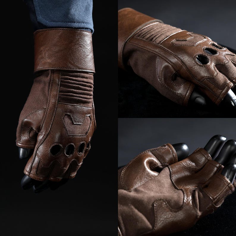 May include: Brown leather fingerless gloves with a textured design. The gloves have a wide cuff and feature cut-out holes on the palm side. The gloves are shown on a black background.