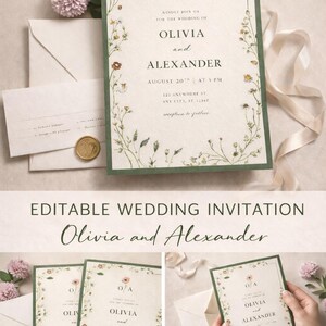 Puede incluir: Invitación de boda con diseño floral, con los nombres Olivia y Alexander, y la fecha 20 de agosto a las 17:00 horas. La invitación incluye los datos de la dirección. También se muestra el texto "Editable Wedding Invitation".