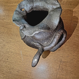 May include: A handcrafted, dark brown ceramic vase with a unique, organic shape. The vase features a wide, irregular opening and a textured surface. A small, elongated appendage extends from the base, adding to its distinctive design.